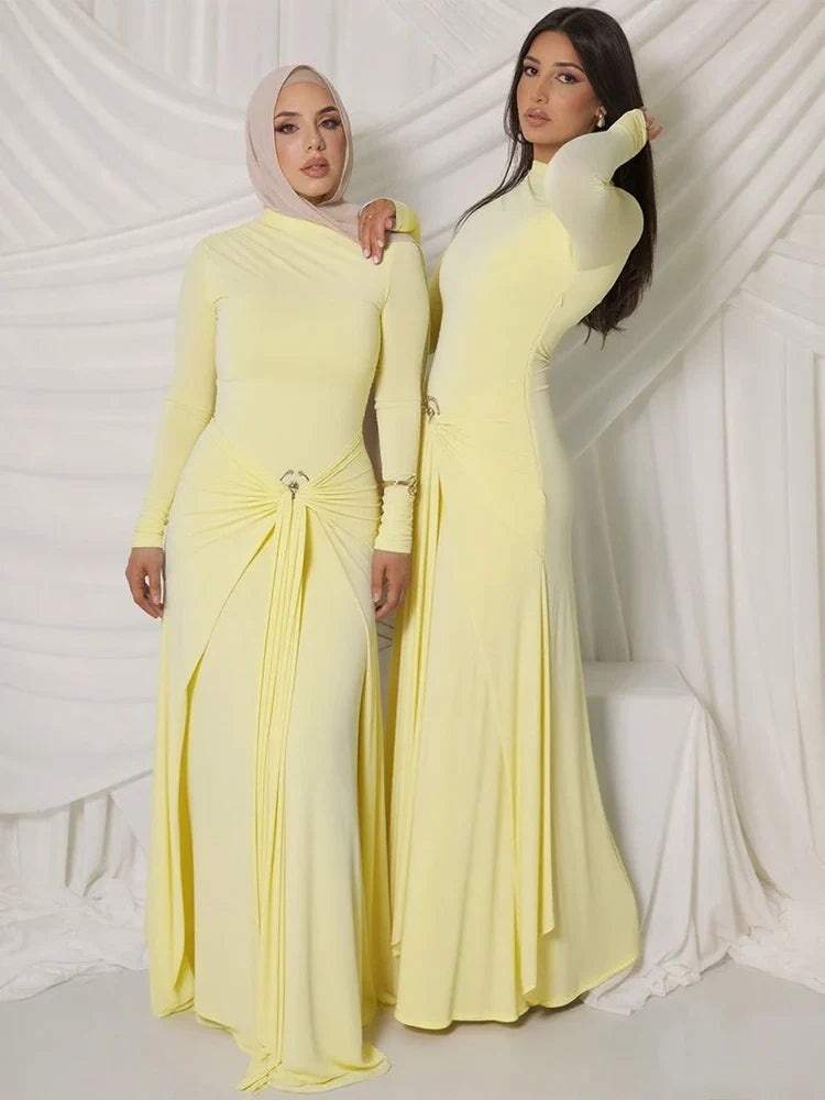 Ruched Elegant Maxi Dress Women Daily Casual Fashion Skinny Full Sleeve Solid Gown Midnight Prom Party Long Bodycon