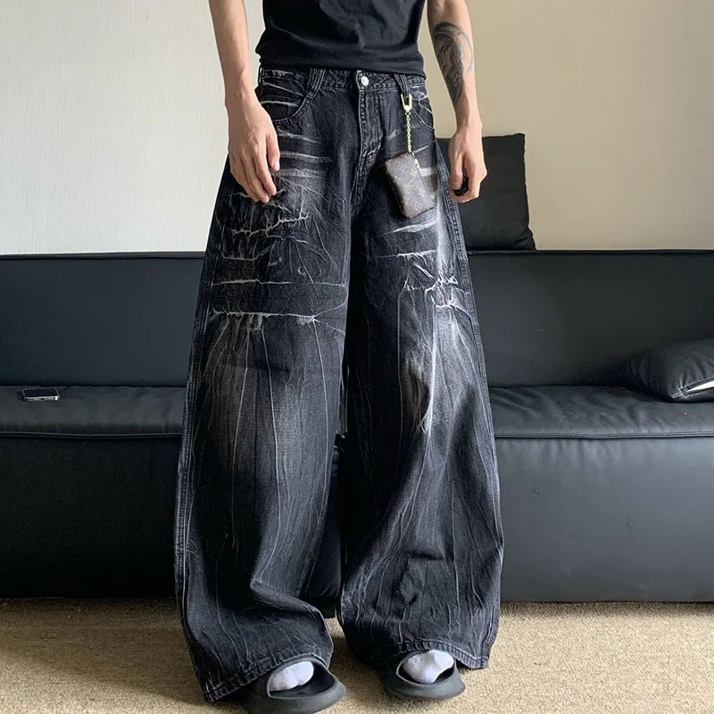 Autumn Winter Korean Vintage Jeans Lightning Pattern Design Men'S Loose Straight Leg Pants Casual Fashion Black Pants