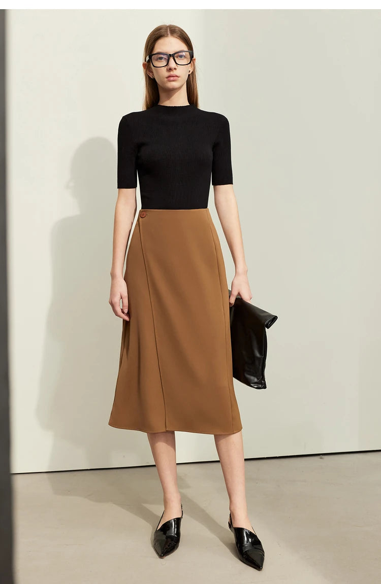 Minimalism Women Skirts 2024 Spring New Asymmetric Lap Piece A-line Solid Trendy Commuter Mid-Calf Skirt For Lady 12421040
