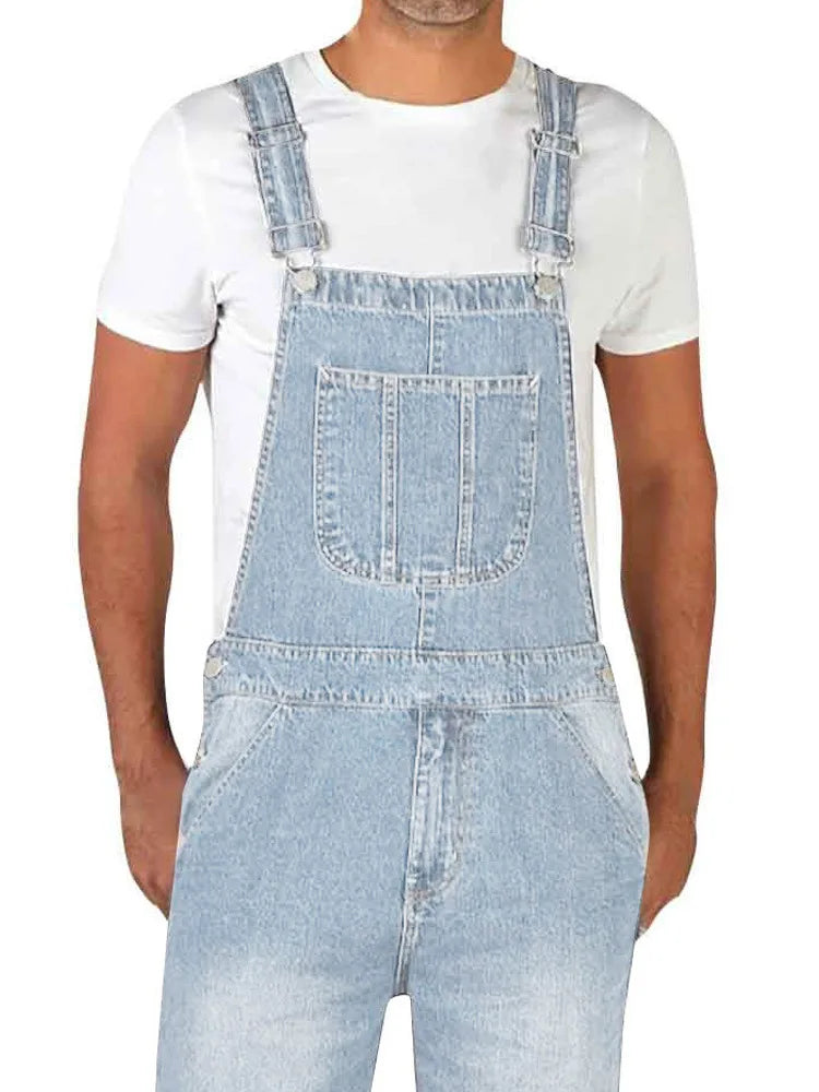 Overalls Jeans Men Ankle Length Jumpsuits Straight Pants Spliced One Piece Pockets Loose Vintage Wash Denim Casual Solid