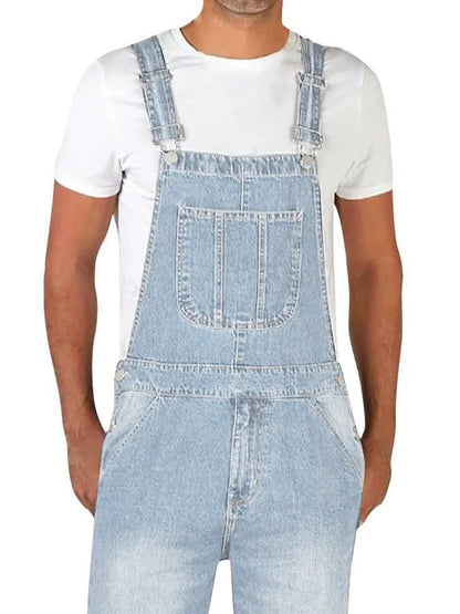 Overalls Jeans Men Ankle Length Jumpsuits Straight Pants Spliced One Piece Pockets Loose Vintage Wash Denim Casual Solid
