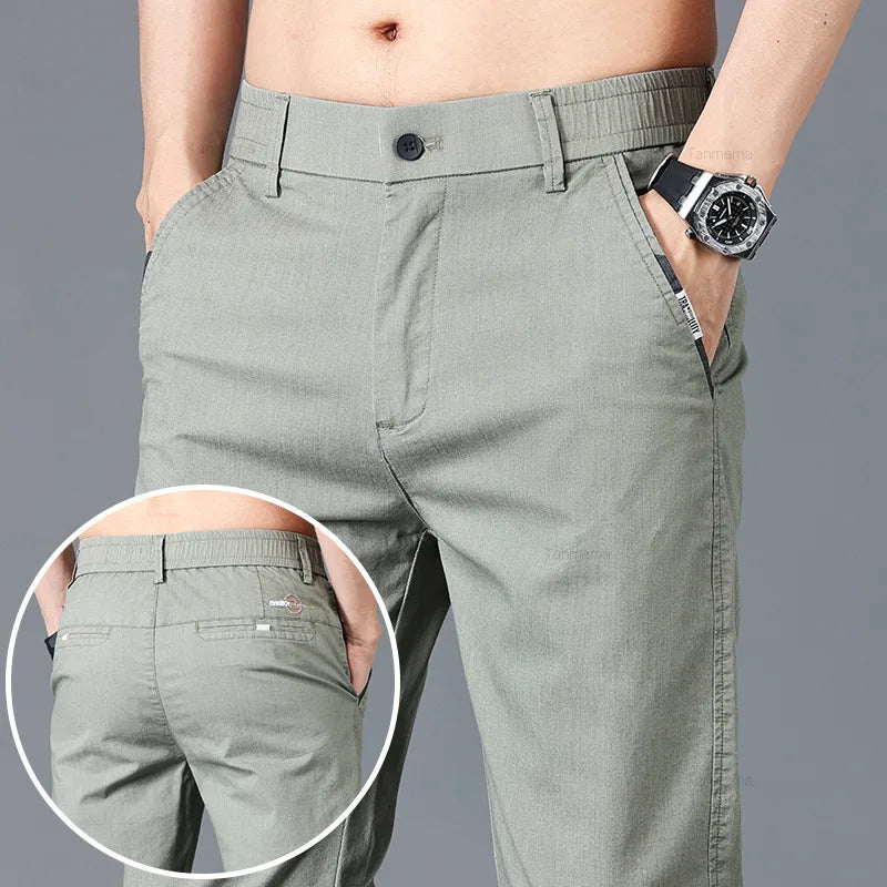 Spring Summer Men's Casual Pants Korean Fashion Cotton Thin Soft Elastic Slim Business Trousers Black Green Khaki