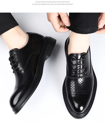Spring Summer Hallow Leather Shoes for Men 3 6 8cm Increase Fashion Dress Shoes Male Black Business Casual Shoes Man