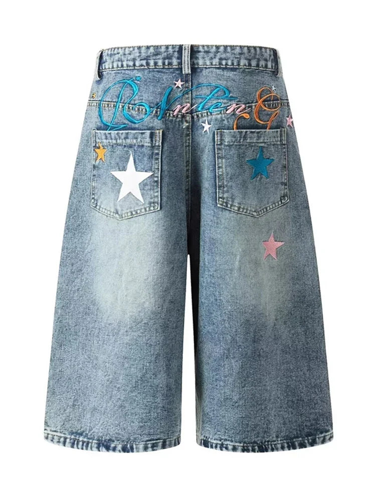 New Letter Star Embroidered Baggy Short Jeans For Men High Street Fashion Straight Y2K Jorts American Retro Blue Denim Shorts