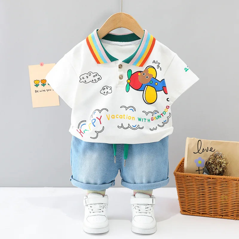 New Summer Suits for Baby Cartoon Print Kids Short Sleeve Letter Polo Shirts +denim Shorts Toddler Boy Casual Clothing Outfits