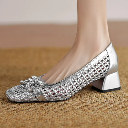 Women's genuine leather braided microfiber patchwork summer breathable pumps crystal buckle 4cm thick med heel daily dress shoes