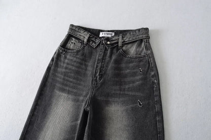 American Retro Cuffed High Waist Slimming Casual Denim Jeans Women's Autumn Versatile Loose Straight Leg Floor-Length Pants