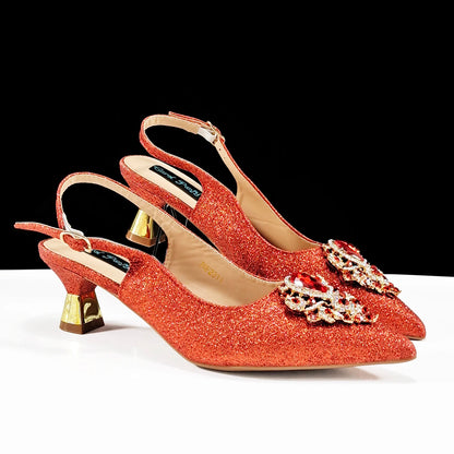 Italian Design Peach Color Pointed Toe Shoe & Bag Set Rhinestone Luxury  Women's High Heels for Parties By QSGFC