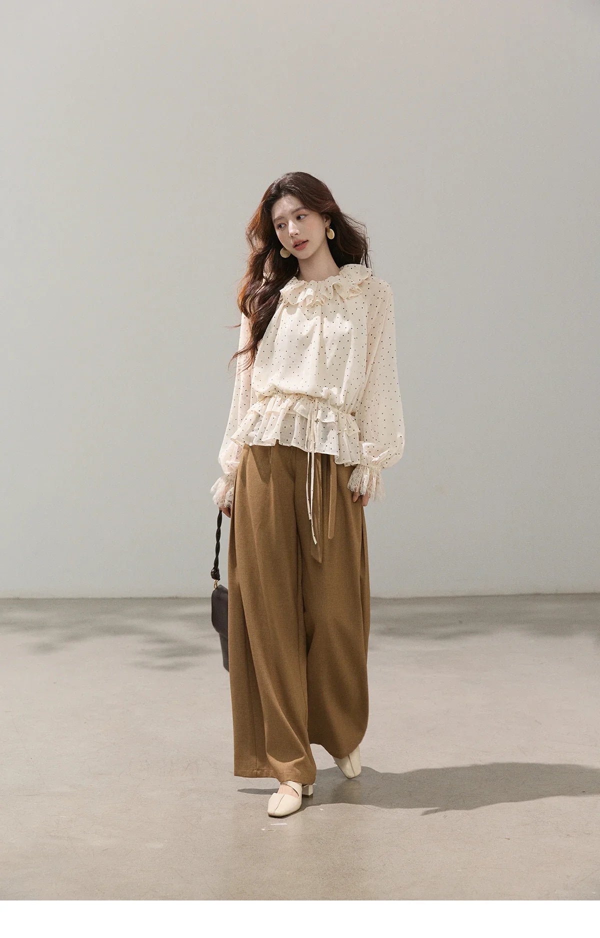 Retro Polka Dot Ruffle Chiffon Blouse 2026 Spring New Apricot Lace Cuffs Design Top Gentle Tie Shirt for Women MXF13X2530