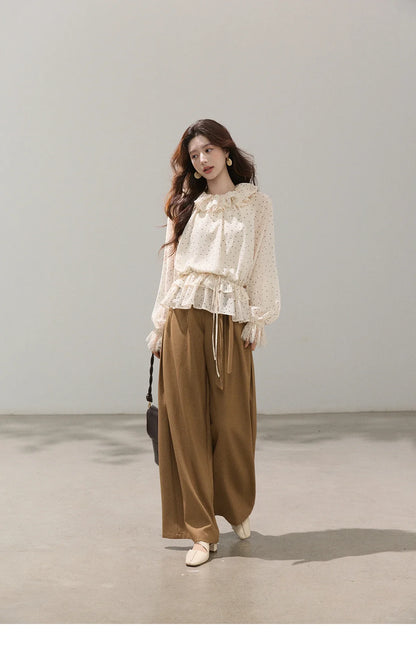 Retro Polka Dot Ruffle Chiffon Blouse 2026 Spring New Apricot Lace Cuffs Design Top Gentle Tie Shirt for Women MXF13X2530