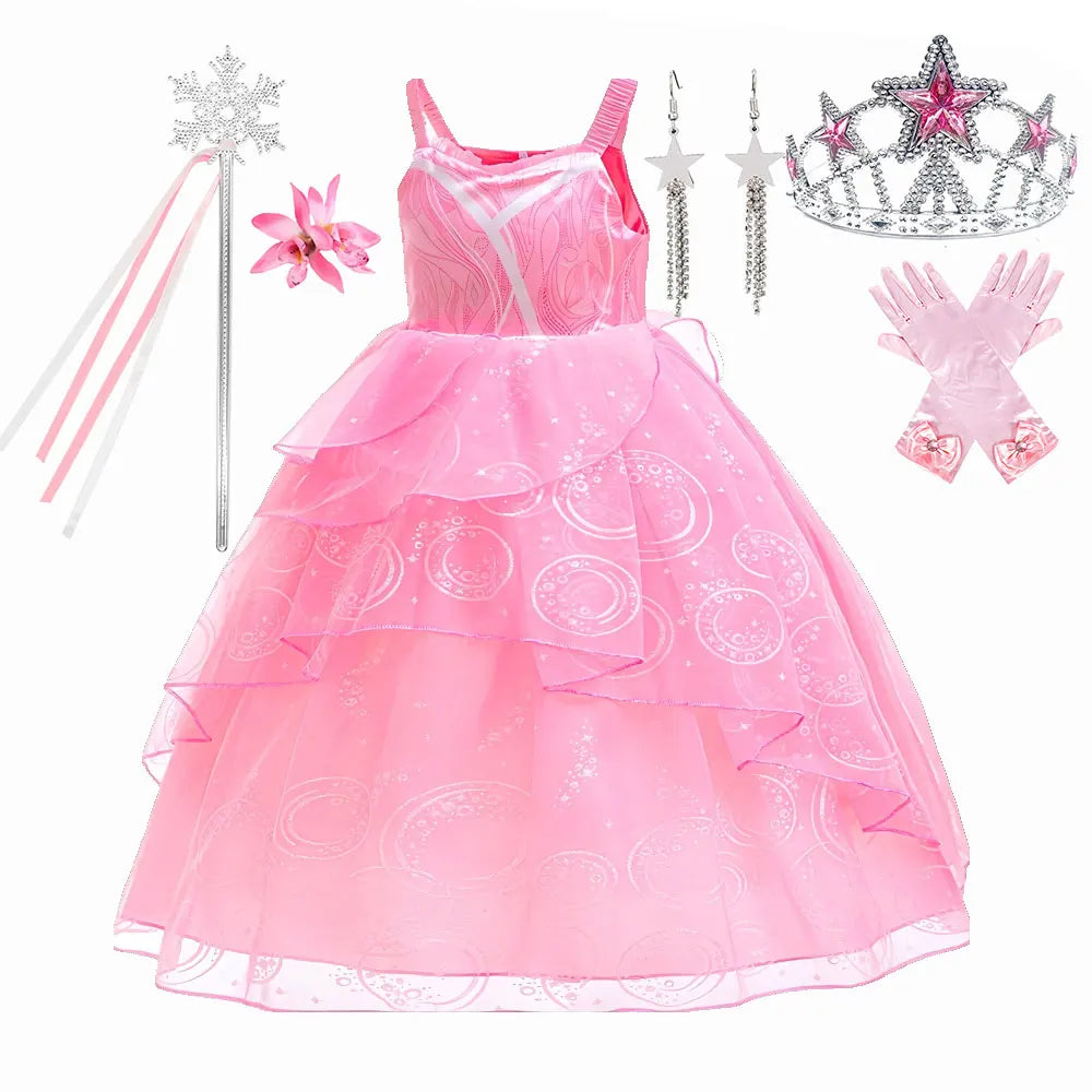 Kids Fairy Glinda Costume Wicked Wizard of Ozland Halloween Girl Cosplay Charming Glinda Kind Witch of North Pink Princess Dress