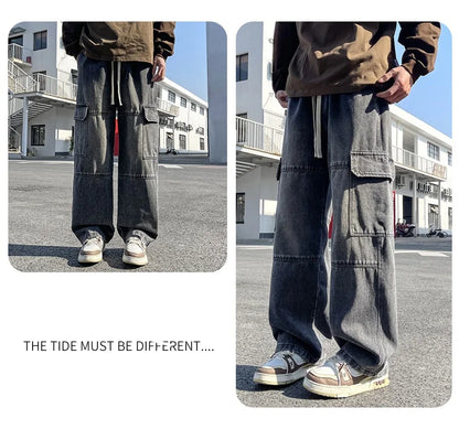 2025 new men's cement grey work jeans Y2K street hip-hop large pocket wide-leg straight jeans trousers jogging black light blue