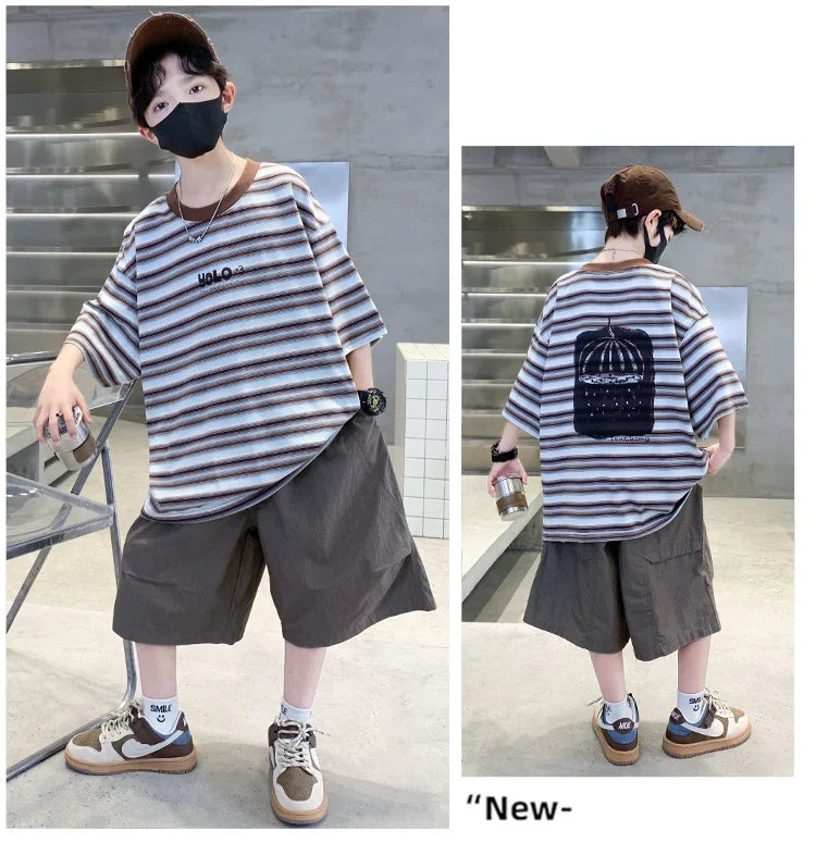 2026 Children Summer Clothes Set for Teen Boy Cotton Striped T-Shirt Shorts Two Pieces Outfit Suit Kids Clothing 5 7 9 11 13 14Y