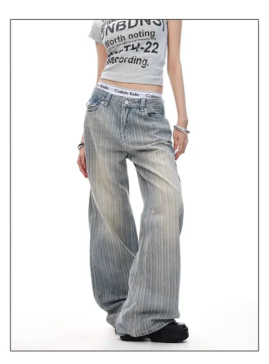 2025 Retro American Waed Striped Hole Denim Jeans Loose High Street Micro Flared Cleanfit Casual Long Trousers for Men And Women