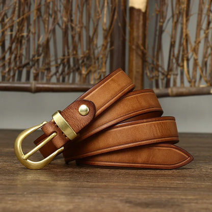 2.4 CM Pure Cowhide Genuine Leather Ladies High Quality Jeans Brass Buckle Belts Cowboy Fashion Designer Belts for Women luxury
