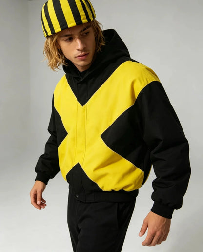 2026 American fashion brand black and yellow cross-shaped jacket high street style loose stand-up collar zipper cardigan jackett