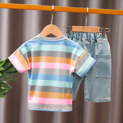 Baby Summer Trend Quality Clothes Set Children's Denim Shorts + Cotton Handsome T-Shirt 2-Piece Set