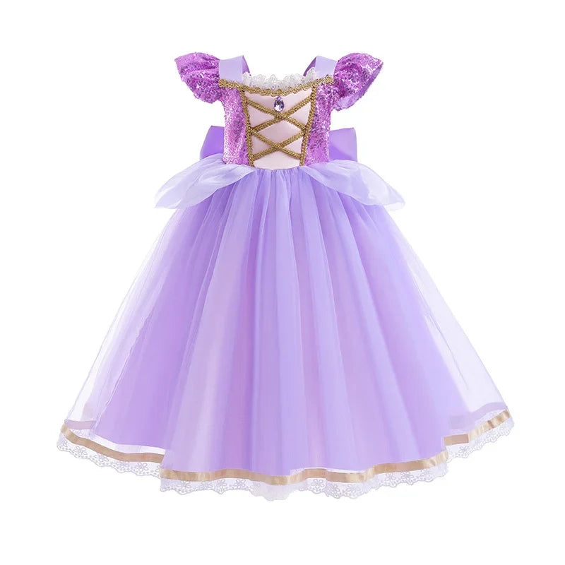 Rapunzel Short Sleeve Purple Puffy Dress + Accessories Girls Cosplay Rapunzel Summer Casual Dress Birthday Party Gift