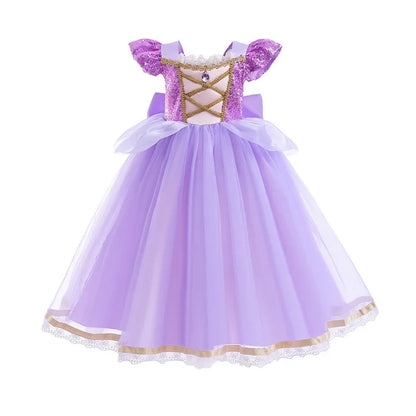 Rapunzel Short Sleeve Purple Puffy Dress + Accessories Girls Cosplay Rapunzel Summer Casual Dress Birthday Party Gift