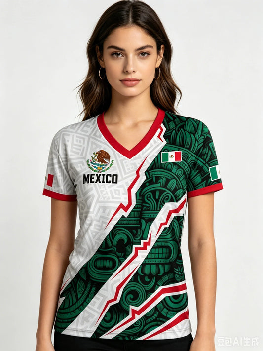 Mexico National Flag 3D Eagle Print Women's T-Shirts Casual V-neck Short Sleeve Tees Fashion Football Fan Summer Female Clothing