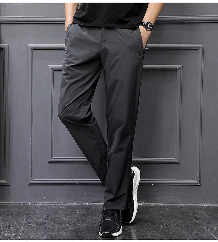 Men's Summer Cargo Pants Big Size Ice Silk Stretch Breathable Straight Leg Pants Quick Dry Elastic Lightweight Long Trousers