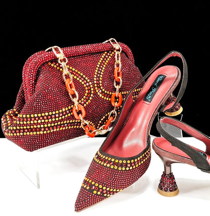New Italian Pumps and Bag To Party 2024 INS Style Pointed-Toe Rhinestone Elegant High Heels Champagne Wedge for Women