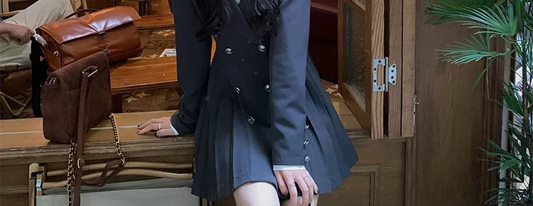 Sweet Style Suit Dress Korean Drama Main Character Waist Cinched Beautiful  Skirt College Style High Waist Double Breaste...