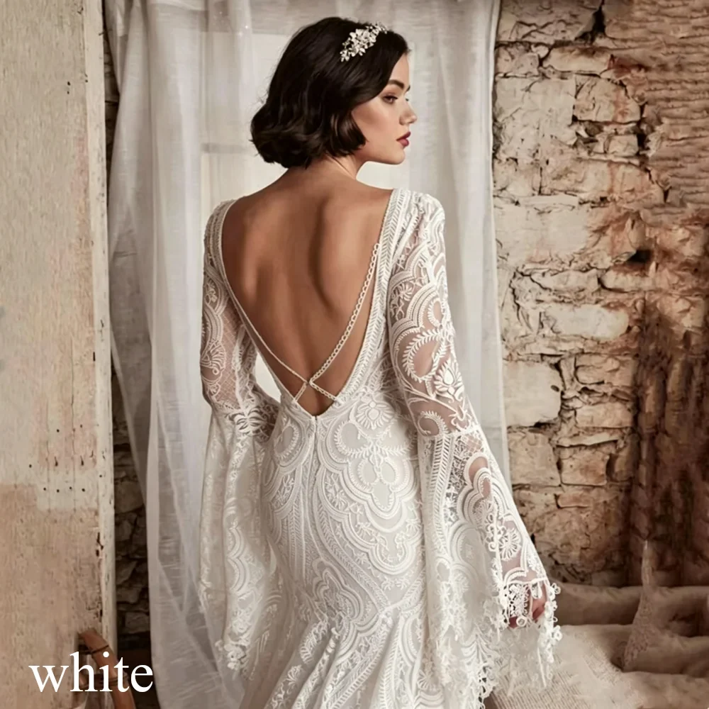 2026 Boho Mermaid Wedding Dresses Long Sleeve Pleat Sexy Lace Illusion Bridal Gown V-Neck Backless Zipper Sweep Train Customized