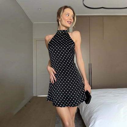 Woman Clothes Halter Sleeveless Polka Dot Satin Short Dress 2026 Summer Sexy Bandage Backless Mini Evening Party Dresses