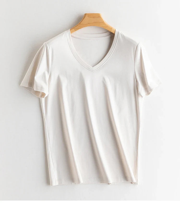 6% Real Silk Cotton Modal Women's T-shirt 2026 Summer Tees Short Sleeve Solid Tee Shirts V-neck Casual Woman Basic T shirt Tops