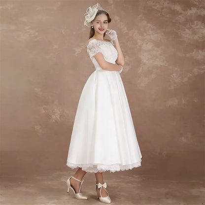 Customized Elegant Short Sleeves Midi Wedding Dresses for Women Lace Boat Neck Tea Length A-Line Bride Gowns Vestidos De Novia
