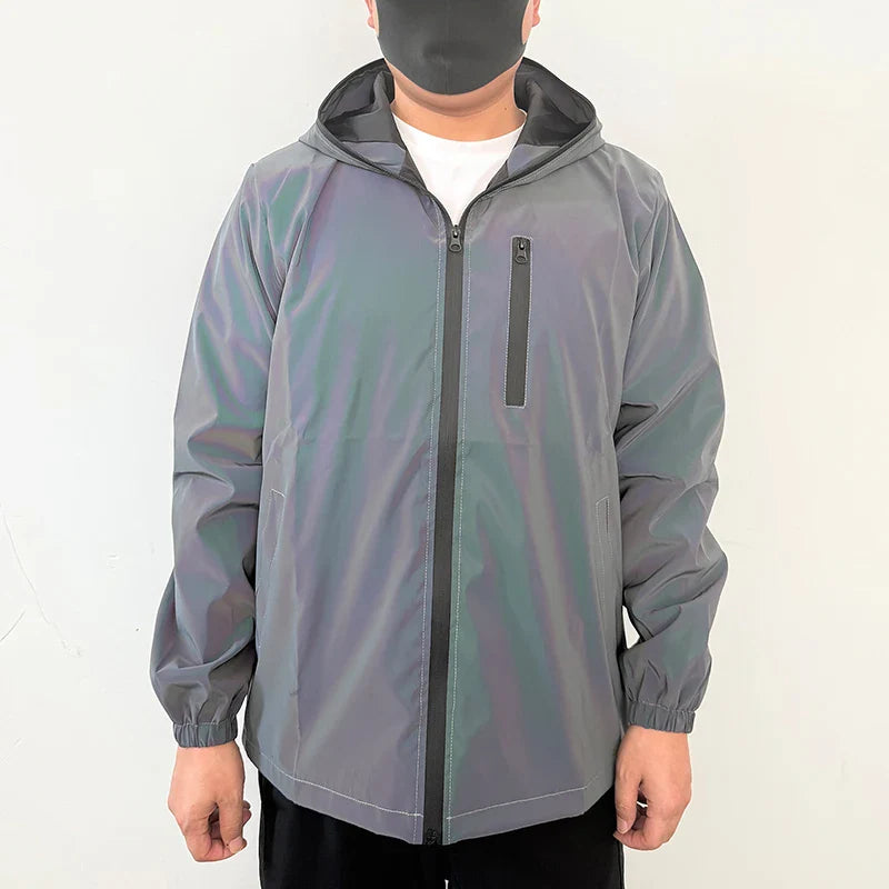 Men's Night Reflective Windproof Hooded Jacket Hip-hop Streetwear Couple Trend Coat for Outdoor Cycling Jogging Safety Clothing