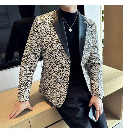 Splicing Leather Neck Casual Suit Jacket Fashion Leopard Men's Business Slim Fit Social Formal Blazers Wedding Groom Tuxedos