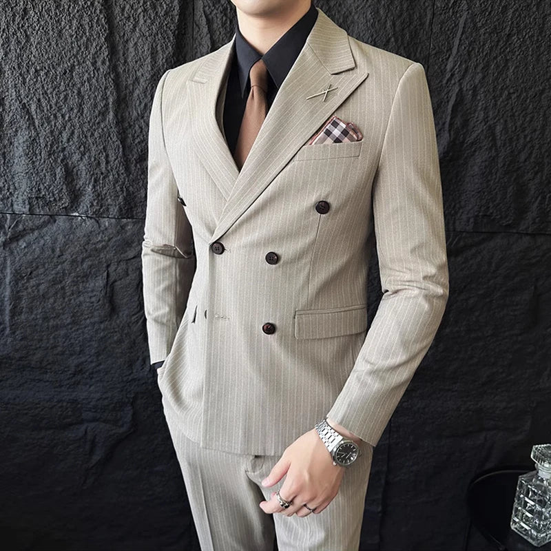M-7XL ( Blazer + Pants ) Luxury Classic Striped Men's Official Office Casual Business Double -breasted Suit Groom Wedding Gown