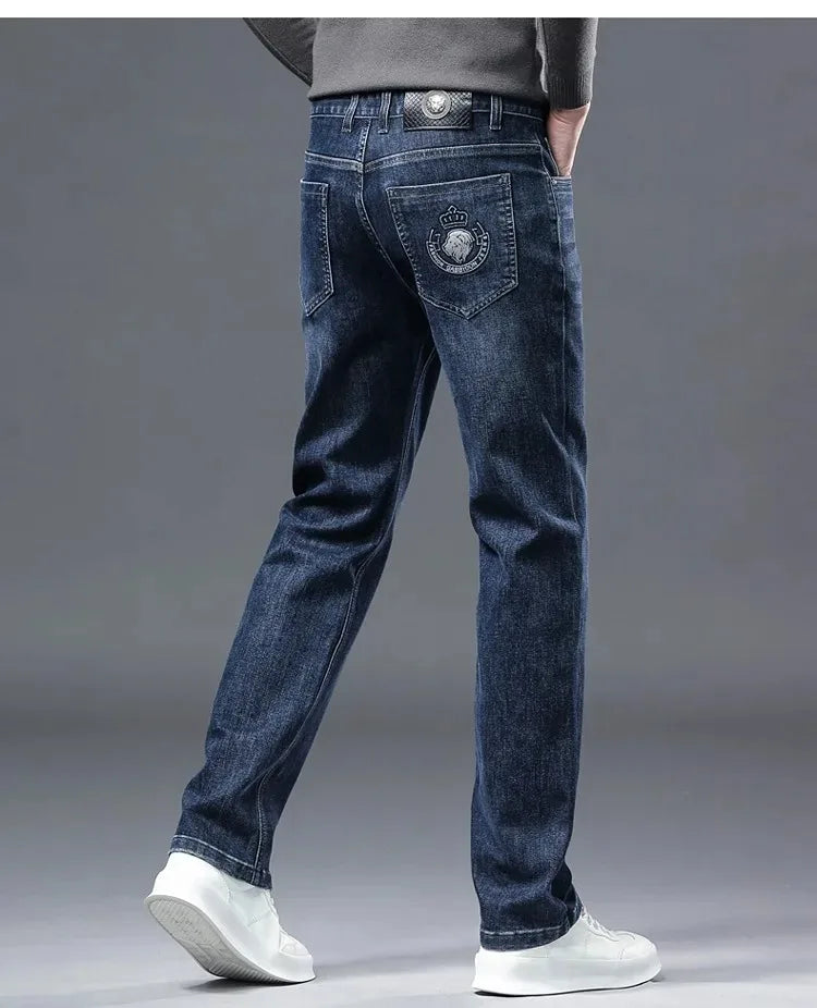 2026 Four Seasons Fashion Brand Straight Leg Jeans Men Business Casual Loose Stretch Long Pants Trousers