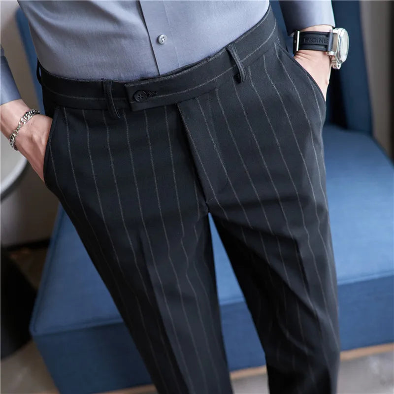 Autumn New Fashion Stripe Men's Suit Pants High Quality Straight Long Classic Business Elegant Slim Fit Casual Trousers 38-29