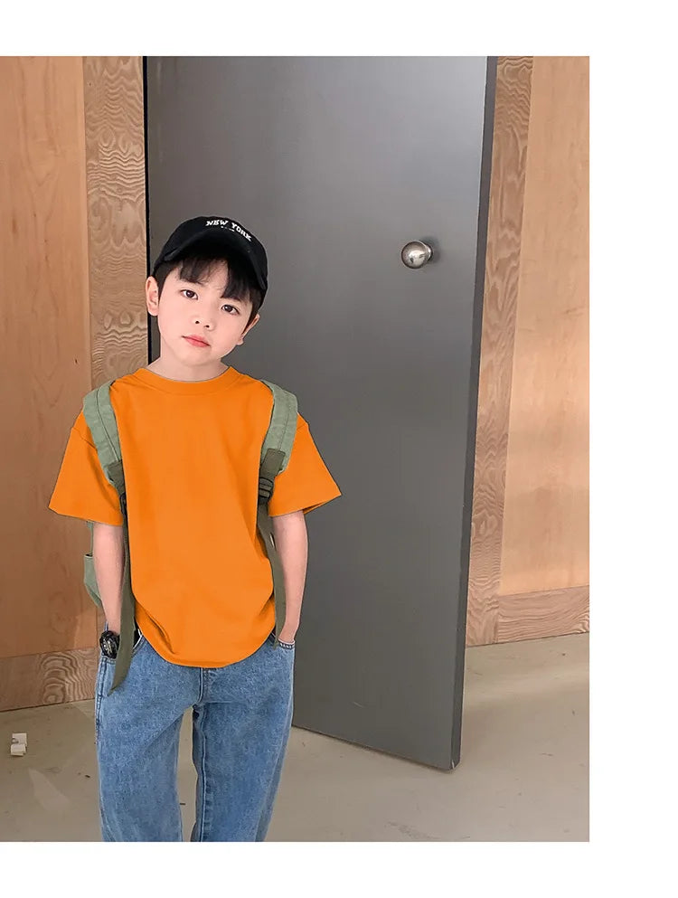 Summer Casual School Kids Cotton Plain Tee Tops Baby and Boys Short-Sleeved T-Shirt Children Outfit Clothing 1-16 Years