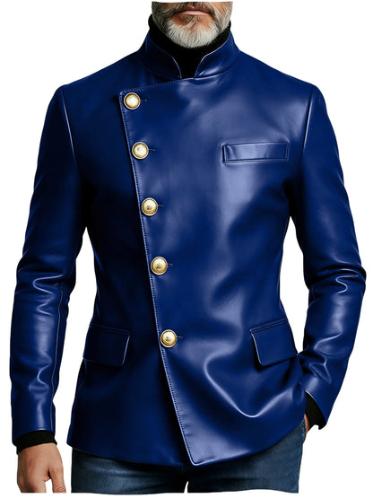 Vintage Men's PU Leather Blazer Slim Fit Double Breasted Stand Collar Jacket Gold Button Business Casual Wedding Prom Suit Coat