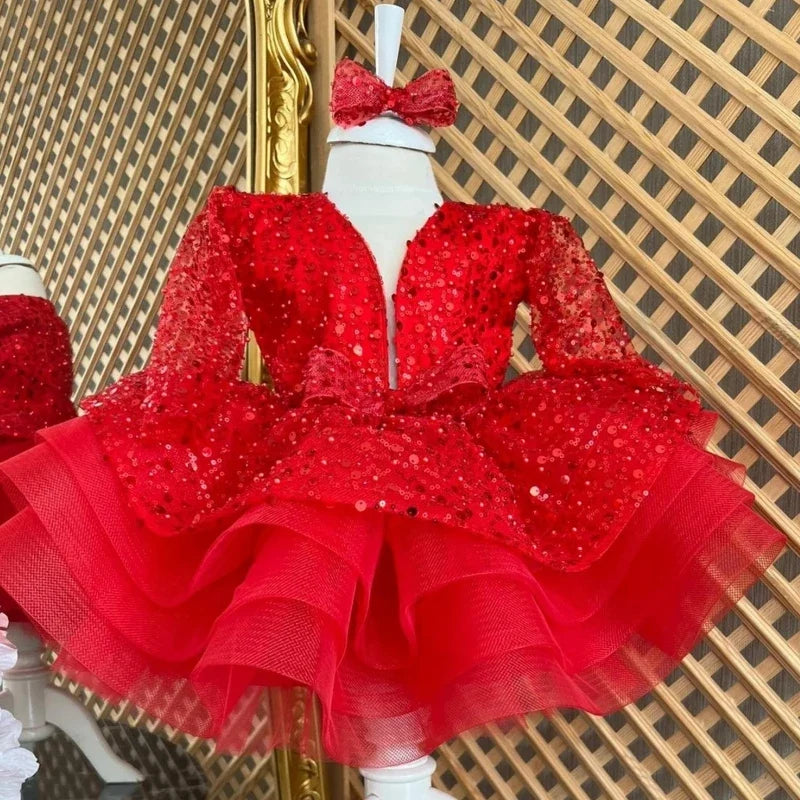 Customized Flower Girl Dresses Cute Pink Glitter Sequined Shiny Puffy Organza With Bow Fit Wedding Party Princess Ball Gowns