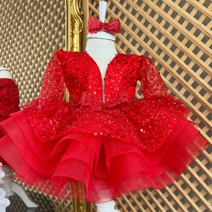 Customized Flower Girl Dresses Cute Pink Glitter Sequined Shiny Puffy Organza With Bow Fit Wedding Party Princess Ball Gowns