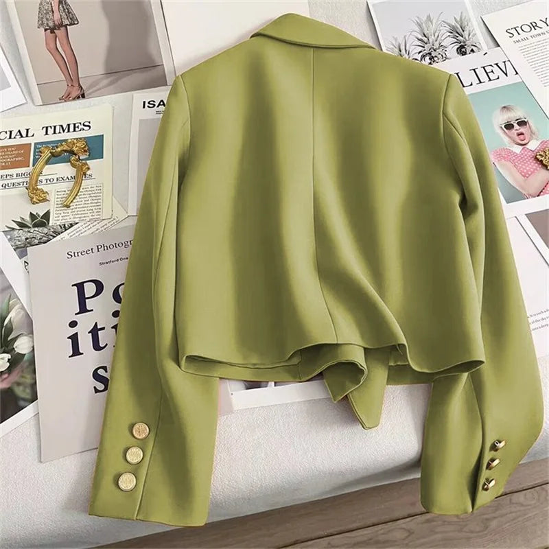 High-Quality Double Breasted Crop Blazer Women Korean Solid Long Sleeve Suit Coat Office Ladies Elegant Short Jacket Female Coat