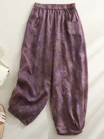 Retro Waterprint Linen Casual Nine-Piece Pants plus Size Women's Loose Elastic Waist Versatile Wide Leg Harlan Pants