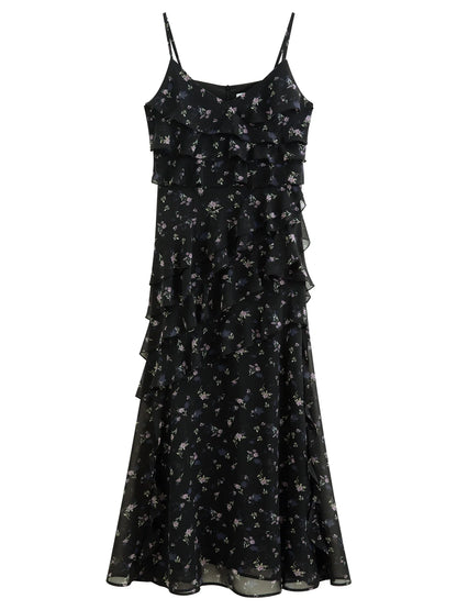 Summer Women Floral Print Ruffle Tiered Maxi Dress Adjustable Spaghetti Strap A-Line Long Dress Coquette Romantic Style
