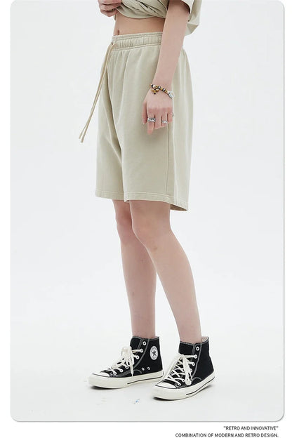 Fashion Summer Men 420gsm Washed Cotton Shorts Retro Unisex High Street Terry Knee Length Short Pants Streetwears HY0845