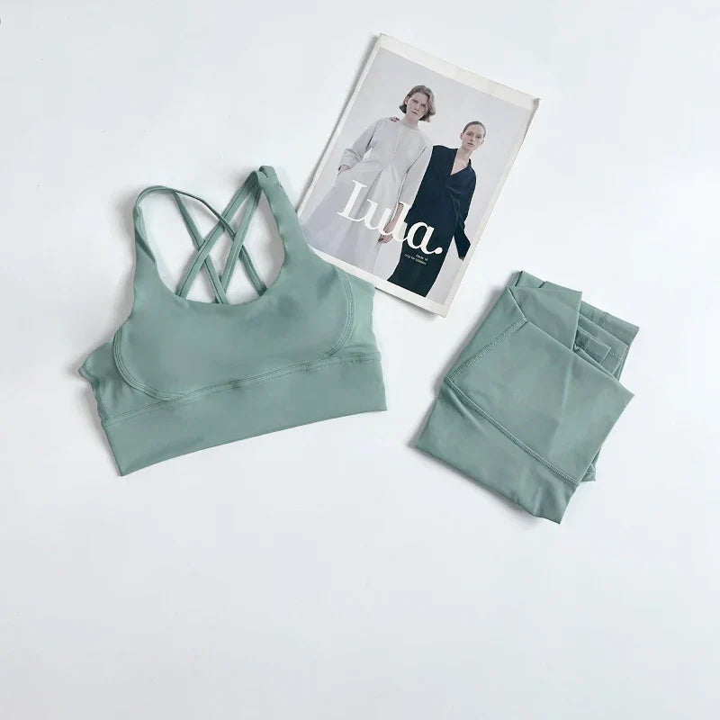 2 Pieces Yoga Set Women Gym Set Workout Clothes Sports Suits High Waist Leggings Cross Straps Fitness Bra Top Running Tracksuit