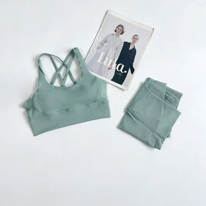 2 Pieces Yoga Set Women Gym Set Workout Clothes Sports Suits High Waist Leggings Cross Straps Fitness Bra Top Running Tracksuit