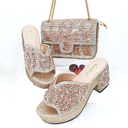 Italian Design Fashion Crystal Fish Mouth High Heels Elegant, Exquisite, And Mature Women's Sandals And Square Bag Set