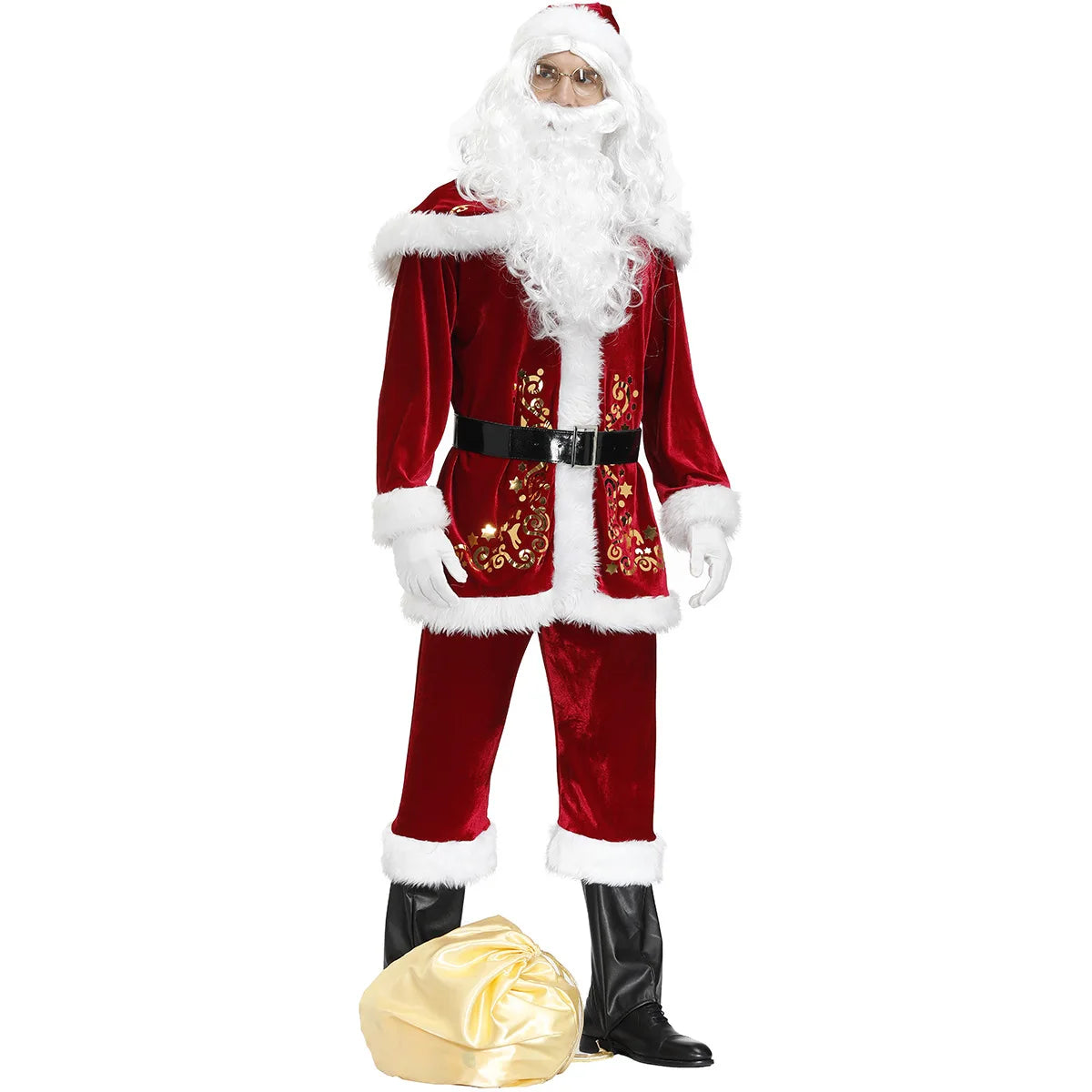 2024 New Man Santa Claus Suit Adult Christmas Cosplay Costume Red Deluxe Velvet Fancy 8pcs Set Xmas Party Family Costume Outfits