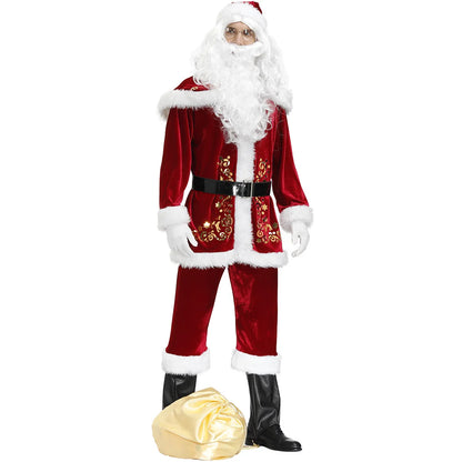 2024 New Man Santa Claus Suit Adult Christmas Cosplay Costume Red Deluxe Velvet Fancy 8pcs Set Xmas Party Family Costume Outfits