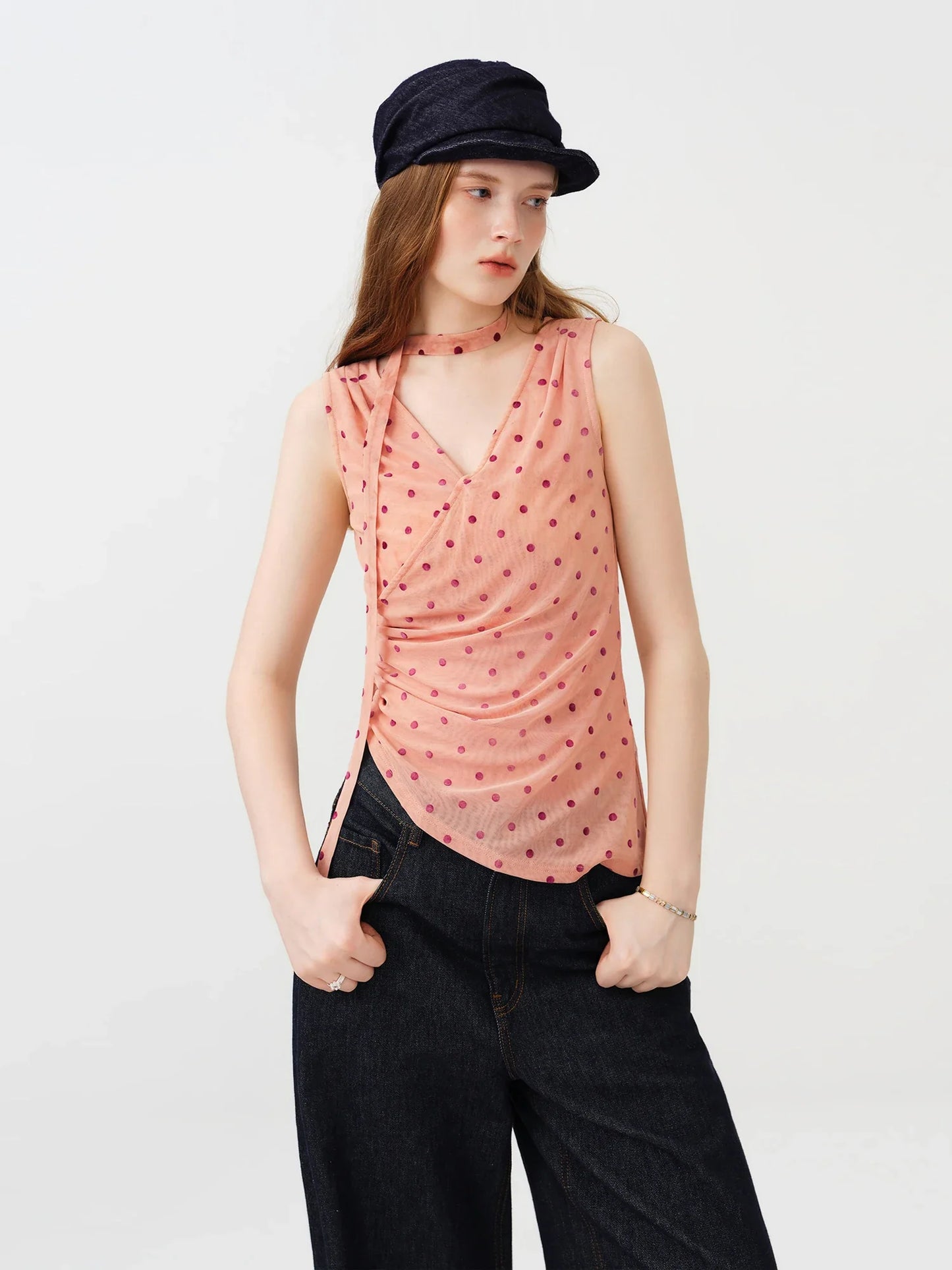 Women's 2026 Summer New Polka Dot V-Neck Waist Tie Camisole Top | Elegant Sleeveless Blouse for Beach Vacation Outfits Tops